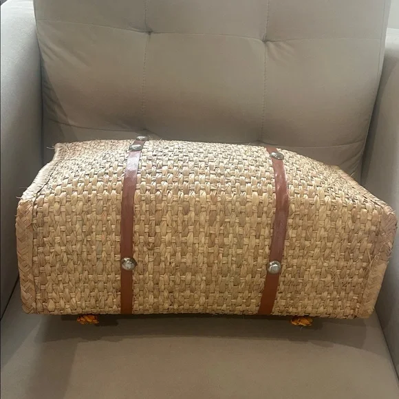 Woven Straw Tote Bag with Brown Leather Trim and Floral Accents -Acapulco - Picture 6 of 13